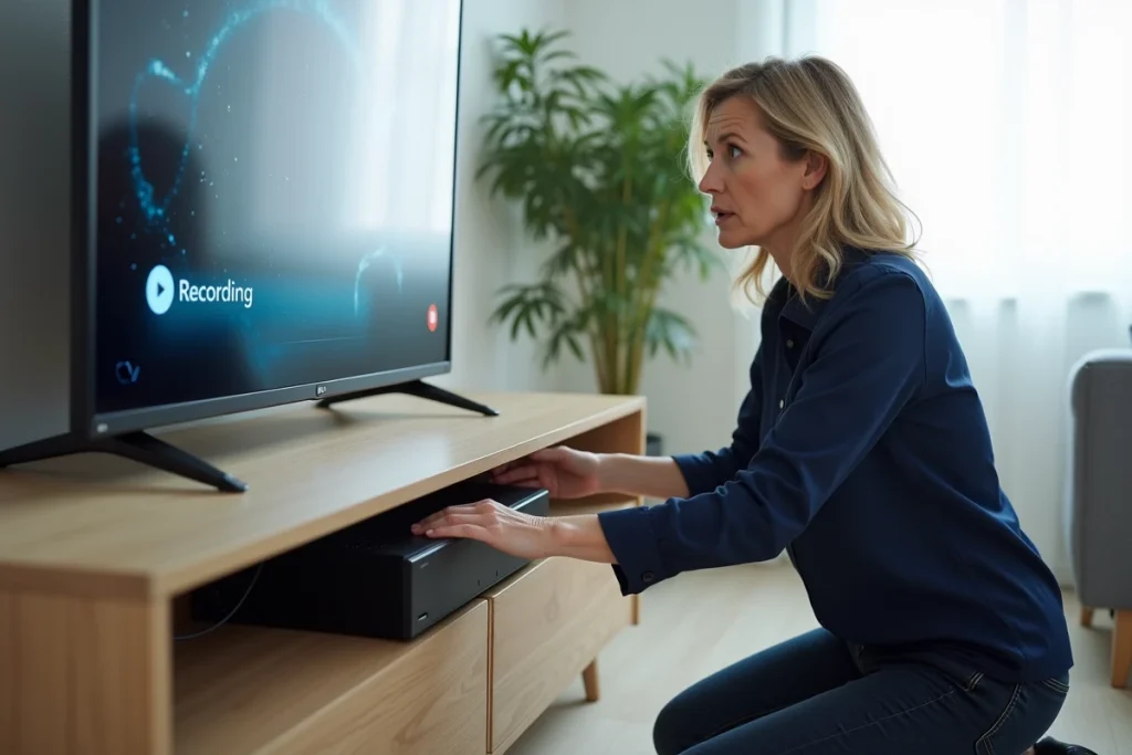 Femme inspectant le décodeur Orange TV et les câbles pour résoudre un problème d'enregistrement