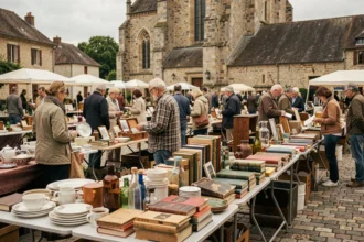 Vide-grenier dans un village de l'Yonne avec des tables couvertes d'objets anciens et des visiteurs qui flânent sur la place