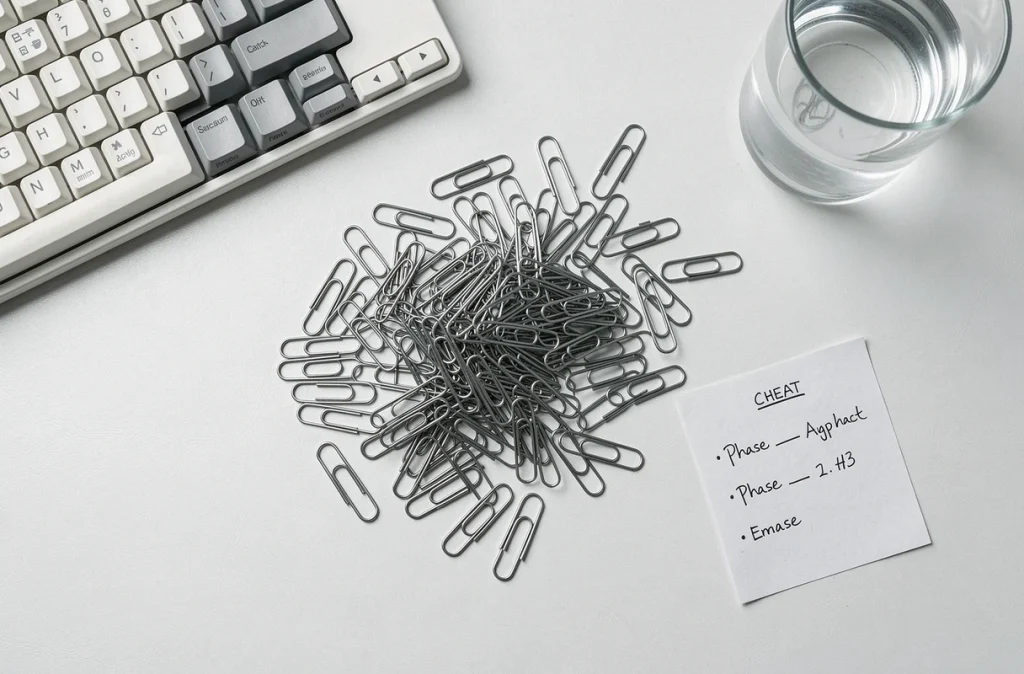 Vue aérienne d'un bureau minimaliste avec des trombones métalliques disposés autour d'un clavier mécanique et d'une fiche récapitulative des phases du jeu Paper Clip